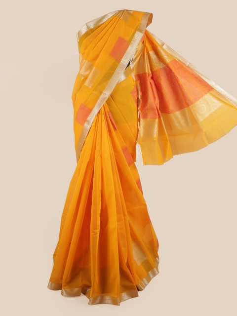 

Pothys Mustard Yellow & Orange Ethnic Motifs Zari Silk Cotton Saree