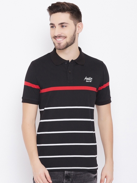 

Austin wood Men Black Striped Polo Collar T-shirt