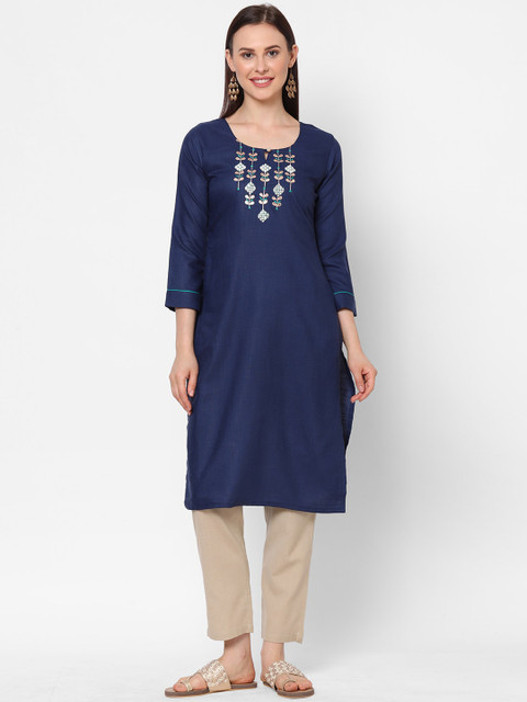 

ZOLA Women Navy Blue Yoke Design Thread Work Kurta