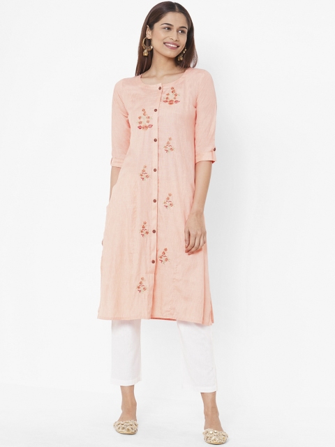 

ZOLA Women Peach-Coloured Floral Embroidered Thread Work Kurta