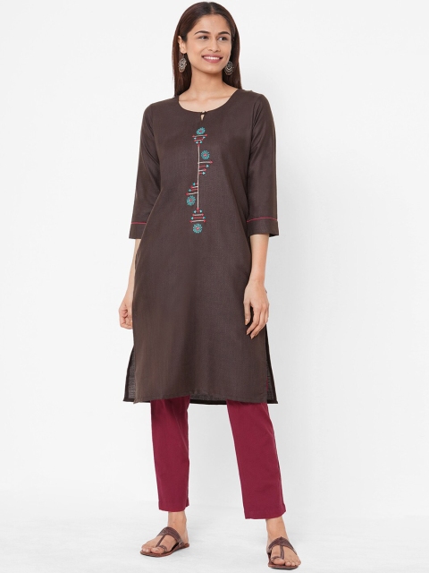 

ZOLA Women Brown Keyhole Neck Thread Work Kurta