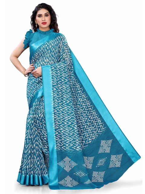 

KALINI Turquoise Blue & Off White Printed Leheriya Saree