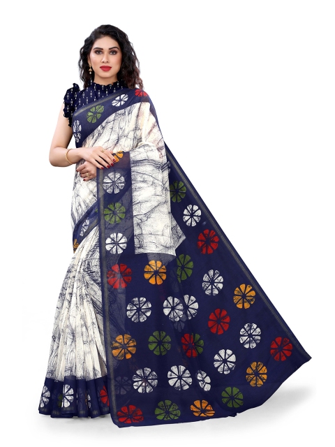 

KALINI Off White & Navy Blue Abstract Printed Saree