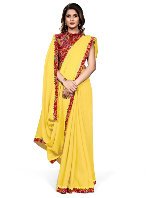 

KALINI Yellow & Maroon Mirror Work Bandhani Saree