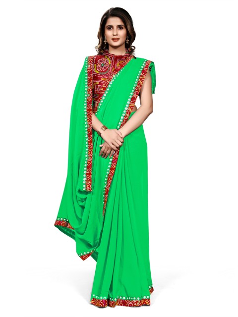 

KALINI Green & Red Mirror Work Bandhani Saree