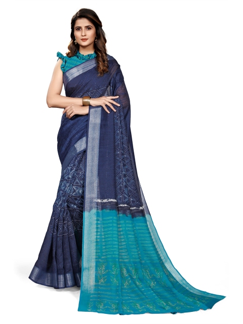 

KALINI Blue & Turquoise Blue Geometric Printed Zari Saree