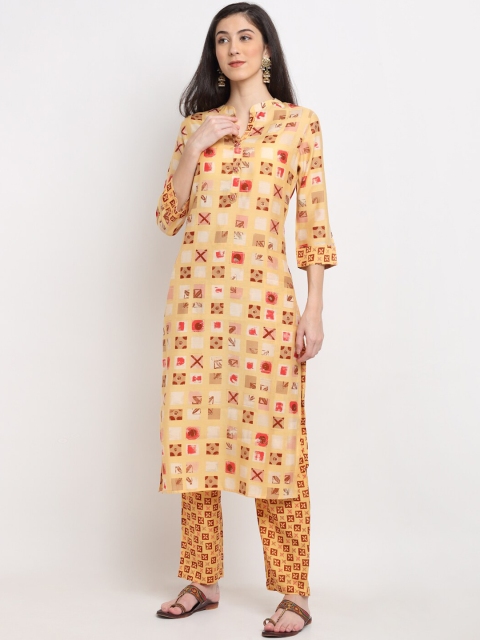 

Ardozaa Women Yellow Printed Chanderi Silk Kurta with Trousers
