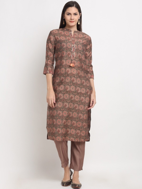 

Ardozaa Women Brown & Green Printed Chanderi Silk Kurta with Trousers