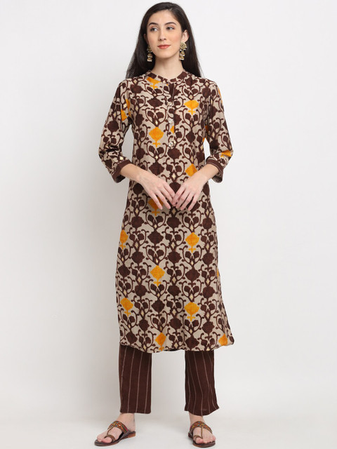 

Ardozaa Women Beige Printed Chanderi Silk Kurta with Trousers