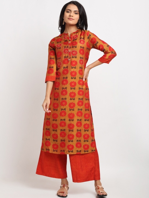 

Ardozaa Women Mustard Yellow Printed Angrakha Chanderi Silk Kurta with Palazzos