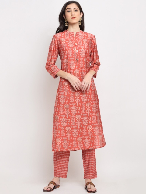 

Ardozaa Women Orange & Grey Printed Chanderi Silk Kurta with Trousers