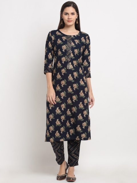 

Ardozaa Women Navy Blue & Beige Foil Print Kurta with Trousers