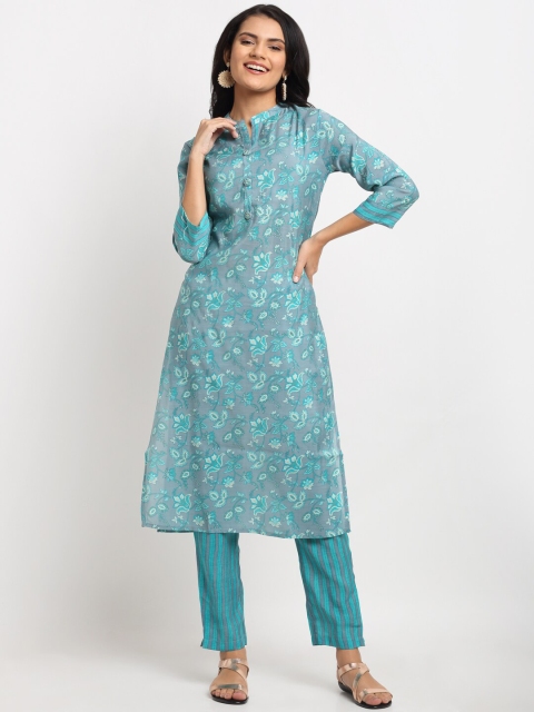 

Ardozaa Women Grey Floral Printed Regular Chanderi Silk Kurta with Trousers