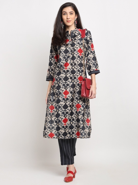 

Ardozaa Women Grey Printed Chanderi Silk Kurta with Trousers