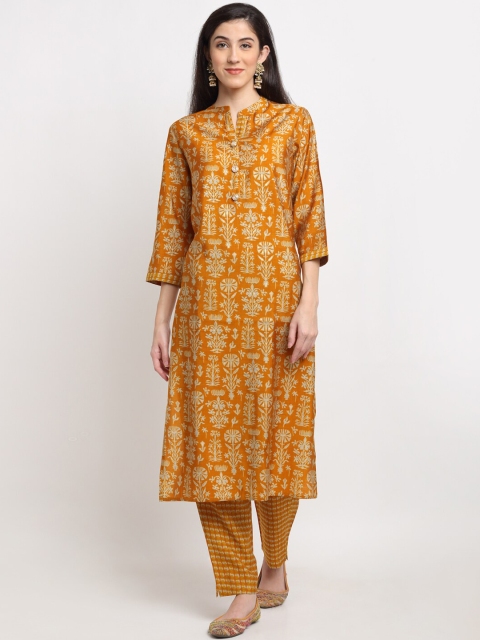 

Ardozaa Women Mustard Yellow Printed Panelled Chanderi Silk Kurta with Trousers