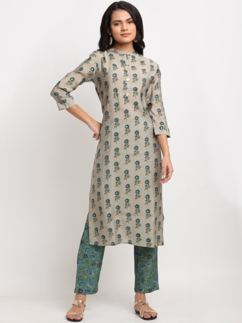 

Ardozaa Women Grey Floral Foil Print Chanderi Silk Kurta with Trousers