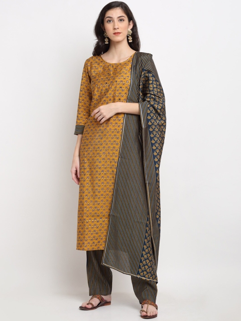 

Ardozaa Women Mustard Yellow Foil Print Chanderi Silk Kurta with Trousers