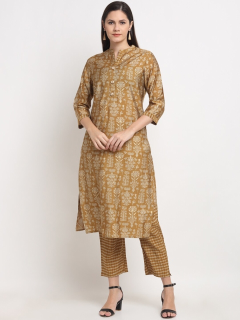 

Ardozaa Women Khaki-Coloured Printed Chanderi Silk Kurta with Trousers