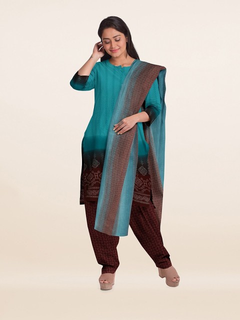 

Pothys Blue & Brown Printed Unstitched Dress Material