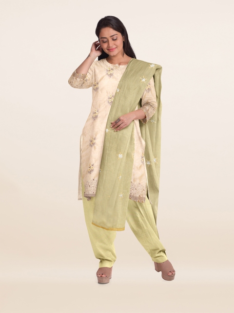 

Pothys Cream-Coloured & Green Embroidered Unstitched Dress Material