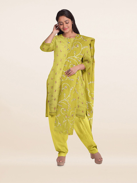 

Pothys Green & Silver-Coloured Embroidered Unstitched Dress Material