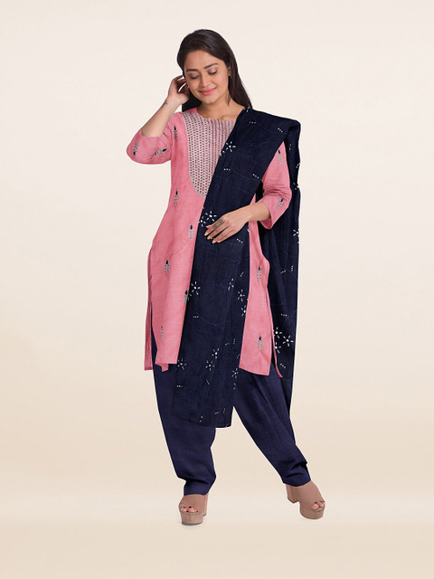

Pothys Pink & Navy Blue Embroidered Unstitched Dress Material