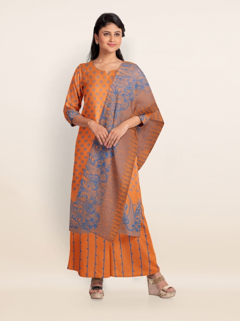 

Pothys Orange & Blue Printed Unstitched Dress Material