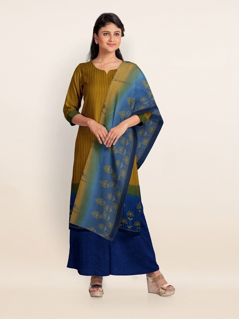 

Pothys Mustard & Blue Printed Unstitched Dress Material