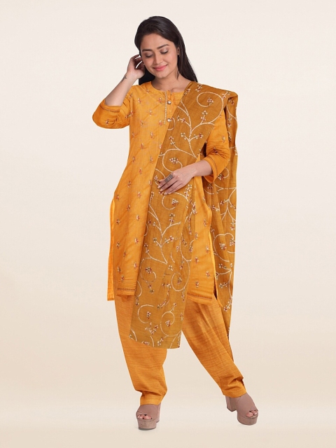 

Pothys Yellow Embroidered Unstitched Dress Material