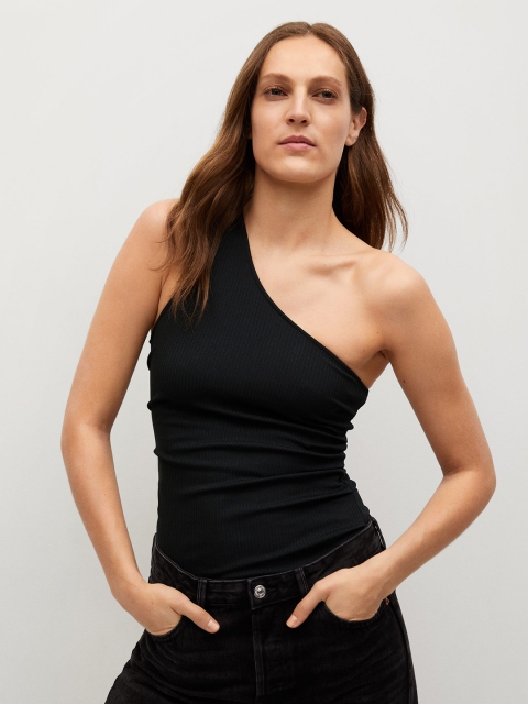 

MANGO Black Self Striped One-Shoulder Fitted Top