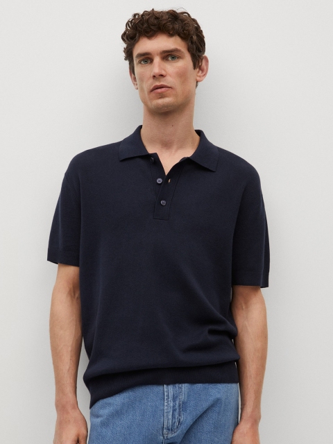 

MANGO MAN Men Navy Blue Ribbed Cotton Sustainable Pure Cotton T-shirt