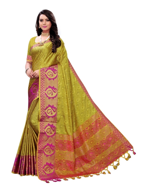 

KALINI Olive Green & Pink Ethnic Motifs Banarasi Saree