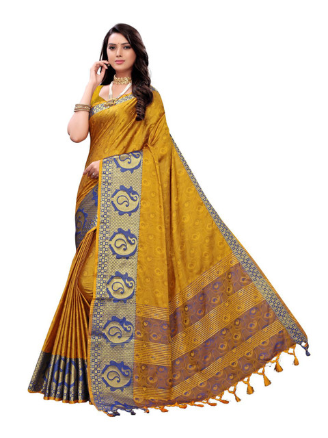 

KALINI Mustard & Blue Ethnic Motifs Banarasi Saree