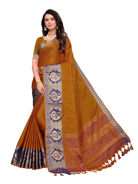 

KALINI Mustard & Blue Ethnic Motifs Banarasi Saree
