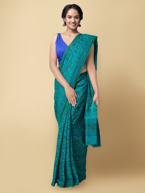 

Unnati Silks Green & Blue Floral Pure Cotton Sustainable Kasavu Saree