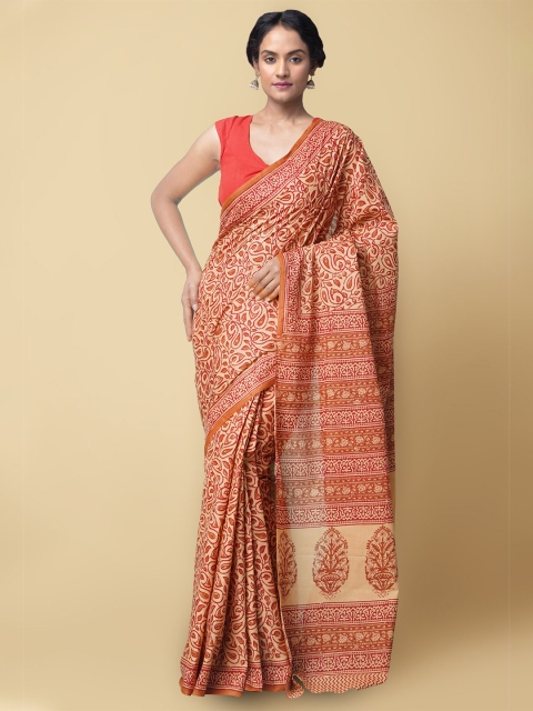 

Unnati Silks Brown & Red Ethnic Motifs Pure Cotton Sustainable Kasavu Saree
