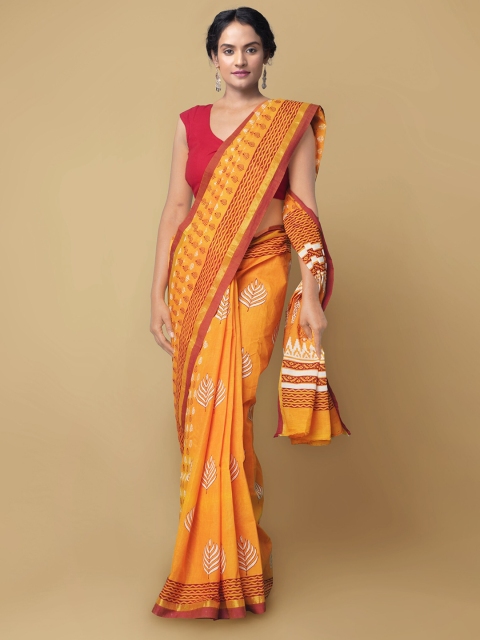 

Unnati Silks Orange & White Ethnic Motifs Pure Cotton Sustainable Kasavu Saree
