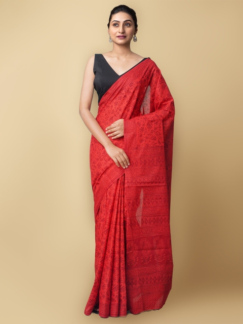 

Unnati Silks Red Floral Pure Cotton Sustainable Kasavu Saree