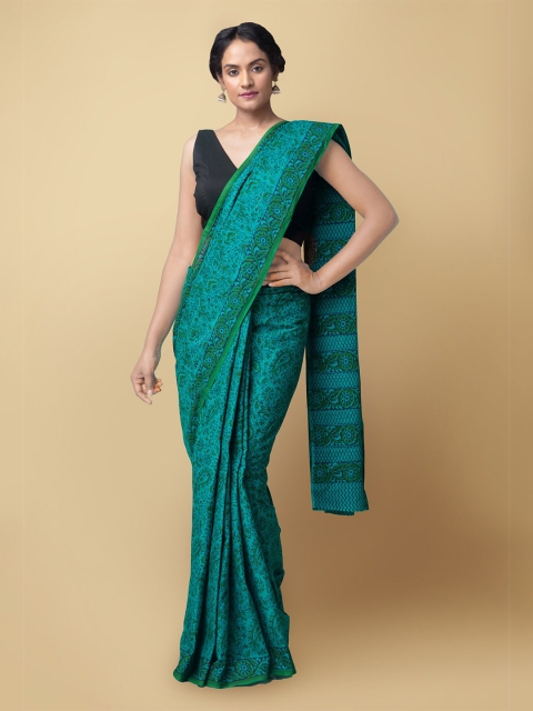 

Unnati Silks Green & Blue Floral Pure Cotton Sustainable Kasavu Saree