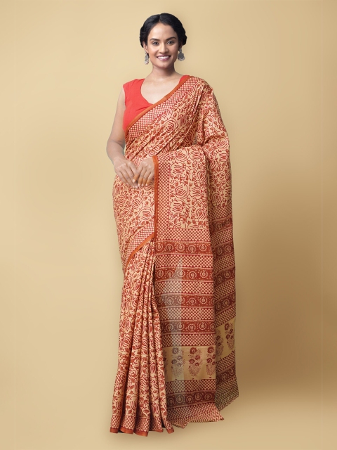 

Unnati Silks Beige & Brown Floral Pure Cotton Kasavu Saree