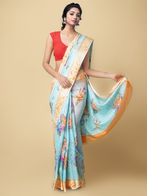 

Unnati Silks Blue & Orange Floral Organza Sustainable Kota Saree