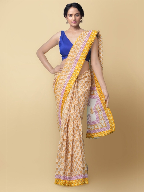 

Unnati Silks Women Tan & White Pure Block Printed Kerala Cotton Saree