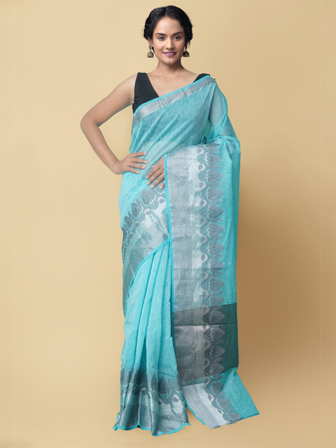 

Unnati Silks Turquoise Blue & Silver-Toned Jute Silk Sustainable Chanderi Saree