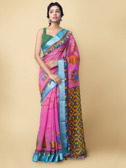 

Unnati Silks Pink & Blue Woven Design Linen Blend Sustainable Patola Saree