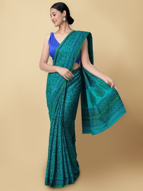 

Unnati Silks Green & Blue Ethnic Motifs Pure Cotton Sustainable Kasavu Saree