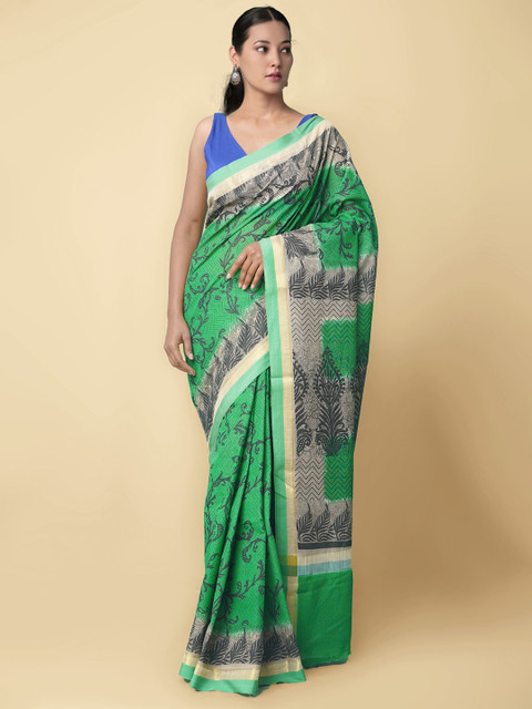 

Unnati Silks Women Green & Black Pure Block Printed Kerala Cotton Saree