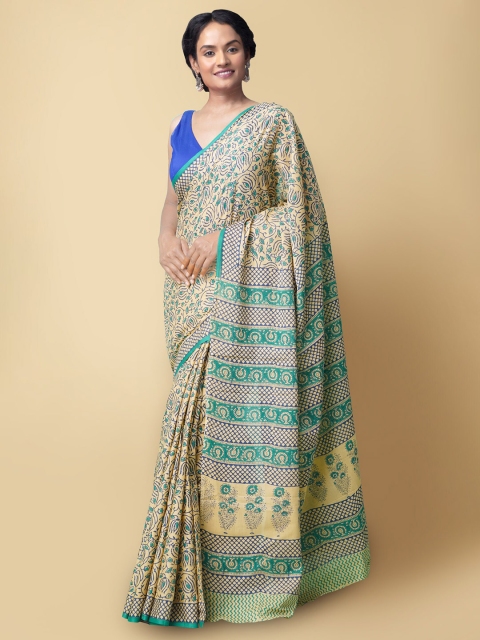 

Unnati Silks Brown & Green Ethnic Motifs Pure Cotton Sustainable Kasavu Saree