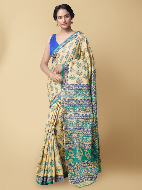 

Unnati Silks Brown & Green Ethnic Motifs Pure Cotton Sustainable Kasavu Saree