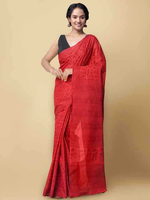 

Unnati Silks Red Ethnic Motifs Pure Cotton Sustainable Kasavu Saree