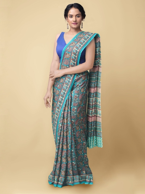 

Unnati Silks Blue & Brown Floral Pure Cotton Dabu Sustainable Saree